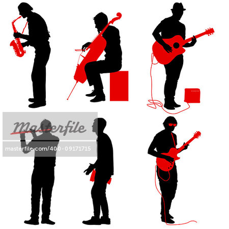 Silhouettes street musicians playing instruments on a white background.