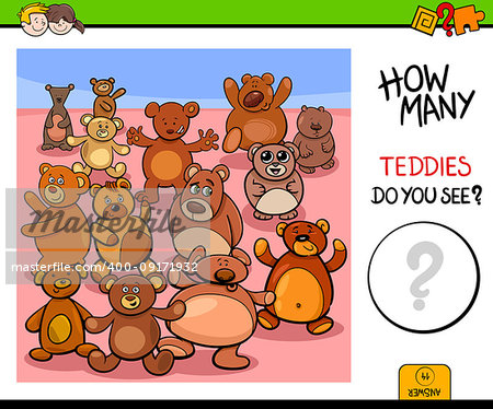 Cartoon Illustration of Educational Counting Activity Game for Children with Teddy Bears Toy Characters