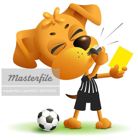 Referee dog shows yellow card. Violation of rules when playing soccer. Isolated on white vector cartoon illustration