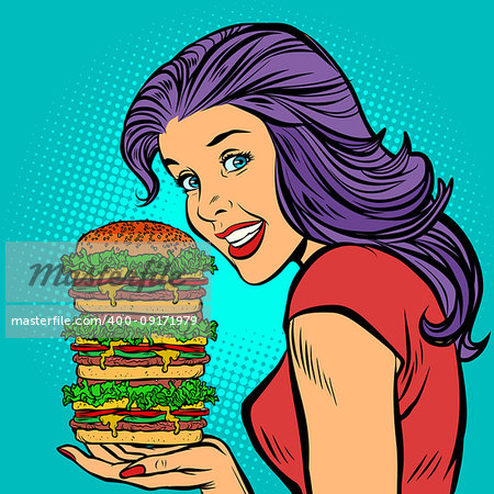 giant Burger. Hungry woman eating fast food. Comic cartoon pop art retro illustration vector drawing