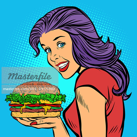 Burger cheese grilled meat salad. Hungry woman eating fast food. Comic cartoon pop art retro illustration vector drawing