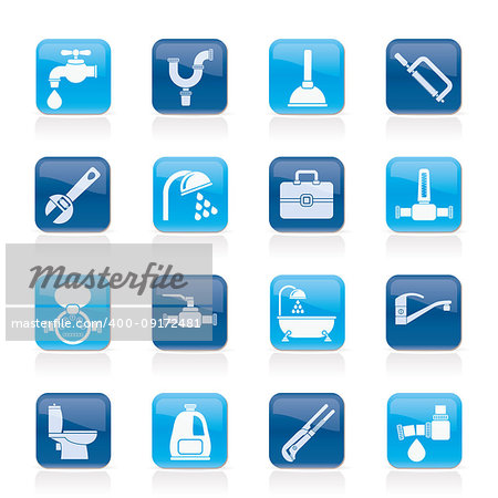 Plumbing objects and tools icons - vector icon set
