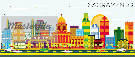 Sacramento USA Skyline with Color Buildings and Blue Sky. Vector Illustration. Business Travel and Tourism Concept with Modern Architecture. Image for Presentation Banner Placard and Web Site.