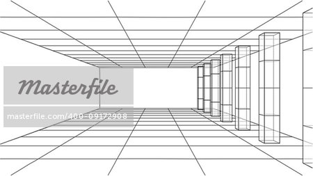 3D outline interior. Vector rendering of 3d. Wire-frame style. The layers of visible and invisible lines are separated