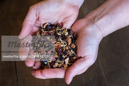High angle close up of person holding small heap of red berry herbal tea infusion.