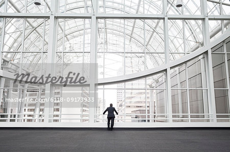 A man standing in an open space in a glass atrium in an office building, leaning on a railing, rear view.