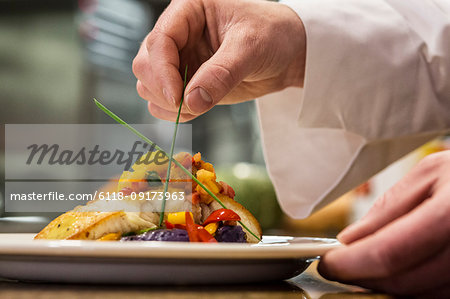 A closeup of the hands of a chef putting the final dressing on a plate of fish in a commercial kitchen,
