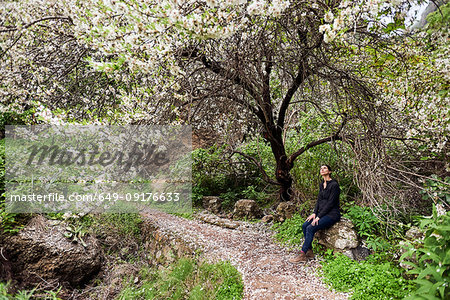 Female tourist looking up at tree blossom, Las Palmas, Gran Canaria, Canary Islands, Spain