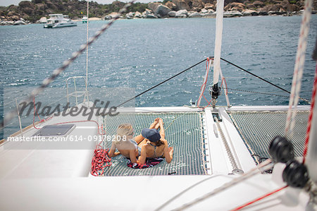 Two young women relaxing on sailing boat, British Virgin Islands