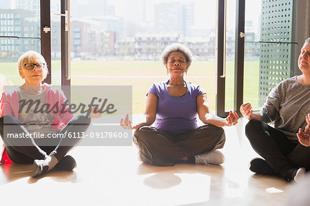 Serene active seniors meditating in sunny window