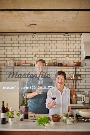 Japanese senior couple in the kitchen