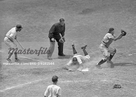 1950S 1960S baseball player safe at home plate cacther in front of plate umpire looking on next batter on deck