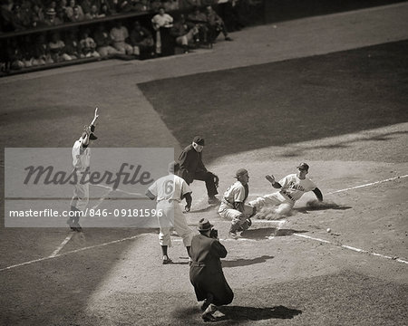 APRIL 16 1950 BASEBALL GAME BROOKLYN DODGERS & PHILADELPHIA PHILLIES PLAYER SLIDING INTO HOME PLATE SAFE CATCHER WAITS FOR BALL