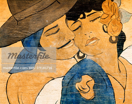 1950s GRAPHIC PAINTING ON WOOD OF LATIN LOVERS DANCING MAN AND WOMAN COUPLE