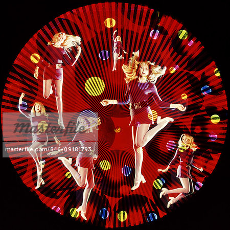 1960s 1970s MULTIPLE EXPOSURE YOUNG WOMAN DANCING LOOKING AT CAMERA WITH CIRCULAR GRAPHIC EFFECTS DISCO CLUB LIGHTSHOW