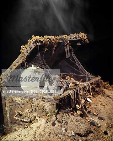 1970s BURIED PIRATES DEAD MAN'S TREASURE CHEST WITH HUMAN SKULL SPIDER COBWEBS JEWELS AND GOLD COINS