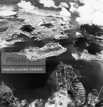 1940s AERIAL PHOTOGRAPH OF PEARL HARBOR HAWAII PRIOR TO BOMBING ATTACK BY THE JAPANESE ON DECEMBER 7 1941