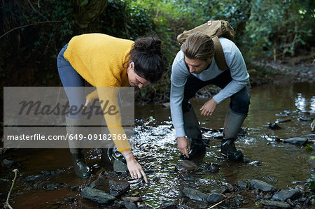 Hiker couple walking in stream