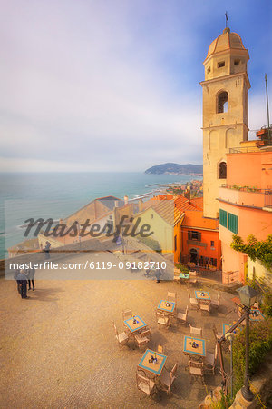 Main square with the bell tower of Cervo, Imperia Province, Liguria, Italy, Europe