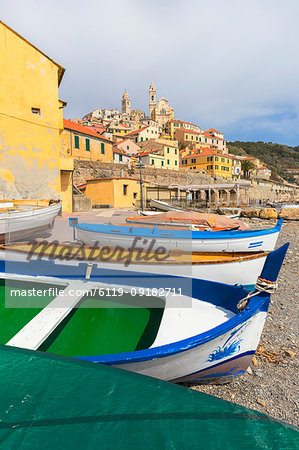 Colourful boats on the beach of Cervo, Imperia province, Liguria, Italy, Europe