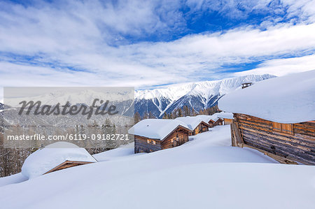 Typical alpine huts, Wiesner Alp, Davos Wiesen, Albula Valley, District of Prattigau/Davos, Canton of Graubunden, Switzerland, Europe