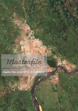 Color satellite image of Bangui, capital city of Central African Republic. It lies on the northern shore of the Ubangi River. Image collected on May 13, 2017 by Sentinel-2 satellites. Color satellite image of Bangui, capital city of Central African Republic. It lies on the northern shore of the Ubangi River. Image collected on May 13, 2017 by Sentinel-2 satellites.