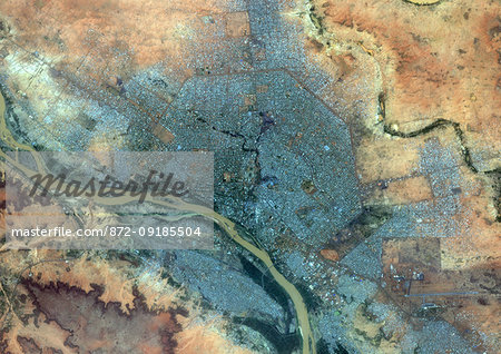 Color satellite image of Niamey, capital city of Niger. The Niger River flows through the city. Image collected on May 14, 2017 by Sentinel-2 satellites.