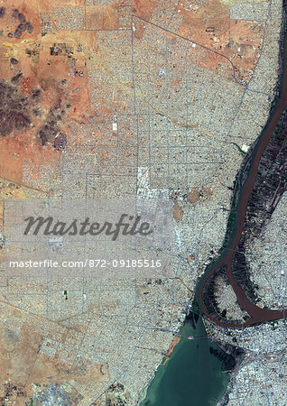 Color satellite image of Omdurman, Sudan. The city lies on the western banks of the River Nile, opposite the capital Khartoum. Image collected on October 25, 2017 by Sentinel-2 satellites.