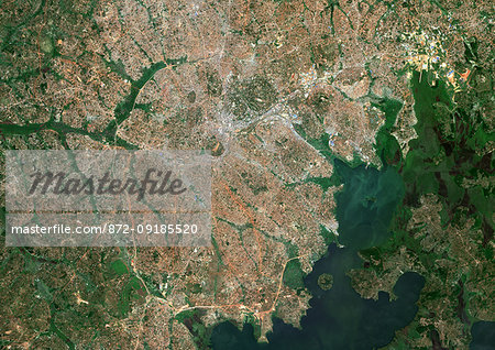 Color satellite image of Kampala, capital city of Uganda. It lies on the northern shore of Lake Victoria. Image collected on January 25, 2017 by Sentinel-2 satellites.