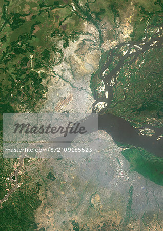 Color satellite image of Brazzaville, capital city of the Republic of the Congo, and Kinshasa, capital city of the Democratic Republic of the Congo. Brazzavile is located on the north shore of the Congo River, while Kinshasa lies on the south shore. Image collected on September 19, 2017 by Sentinel-2 satellites.