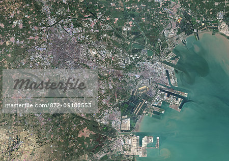 Color satellite image of Tianjin and Binhai, China. Binhai is located on the west coast of the Bohai Sea and east of Tianjin. Image collected on September 22, 2017 by Sentinel-2 satellites. Color satellite image of Tianjin and Binhai, China. Binhai is located on the west coast of the Bohai Sea and east of Tianjin. Image collected on September 22, 2017 by Sentinel-2 satellites.