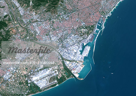 Color satellite image of Barcelona-El Prat Airport and Barcelona port, Spain. Image collected on July 12, 2017 by Sentinel-2 satellites. Color satellite image of Barcelona-El Prat Airport and Barcelona port, Spain. Image collected on July 12, 2017 by Sentinel-2 satellites.