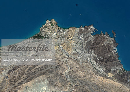 Color satellite image of Muscat, capital city of Oman. Image collected on October 18, 2017 by Sentinel-2 satellites.