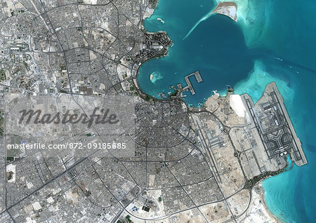 Color satellite image of Doha, capital city of Qatar, with Hamad International Airport to the right. Image collected on October 17, 2017 by Sentinel-2 satellites.