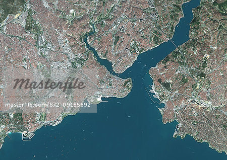 Color satellite image of Istanbul, Turkey. The city lies at the lower end of the Bosphorus Strait. Image collected on September 20, 2017 by Sentinel-2 satellites.