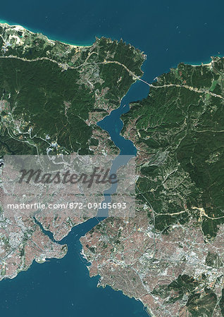 Color satellite image of the Bosphorus strait, Turkey. Istanbul lies at the lower end of the Bosphorus. Image collected on September 20, 2017 by Sentinel-2 satellites. Color satellite image of the Bosphorus strait, Turkey. Istanbul lies at the lower end of the Bosphorus. Image collected on September 20, 2017 by Sentinel-2 satellites.