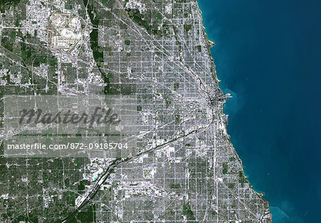 Color satellite image of Chicago, Illinois, United States. The city is located at the south western tip of Lake Michigan. Chicago O'Hare International Airport is at upper left. Image collected on October 08, 2017 by Sentinel-2 satellites.