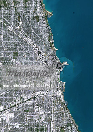 Color satellite image of Chicago, Illinois, United States. The city is located at the south western tip of Lake Michigan. Image collected on October 08, 2017 by Sentinel-2 satellites.