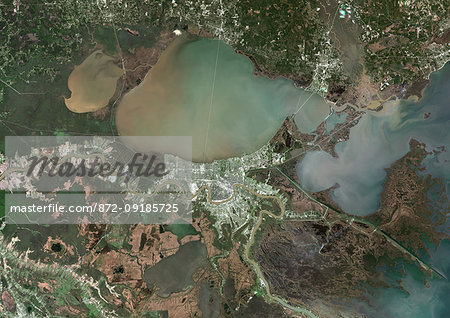 Color satellite image of New Orleans, Louisiana, United States. The city is located in the Mississippi River Delta, south of Lake Pontchartrain, on the banks of the Mississippi River. Image collected on February 10, 2017 by Sentinel-2 satellites. Color satellite image of New Orleans, Louisiana, United States. The city is located in the Mississippi River Delta, south of Lake Pontchartrain, on the banks of the Mississippi River. Image collected on February 10, 2017 by Sentinel-2 satellites.