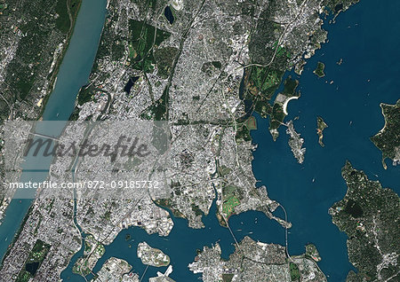 Color satellite image of the Bronx, New York City, New York State, United States. The Bronx is one borough of New York City. It lies north and east of Manhattan, across the Harlem River. Image collected on October 20, 2017 by Sentinel-2 satellites. Color satellite image of the Bronx, New York City, New York State, United States. The Bronx is one borough of New York City. It lies north and east of Manhattan, across the Harlem River. Image collected on October 20, 2017 by Sentinel-2 satellites.