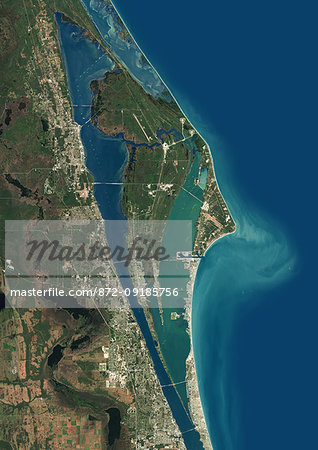 Color satellite image of Cape Canaveral, Florida, United States. Cape Canaveral Air Force Station is southeast of NASA's Kennedy Space Center on adjacent Merritt Island, with the two linked by bridges and causeways. Image collected on January 24, 2018 by Sentinel-2 satellites. Color satellite image of Cape Canaveral, Florida, United States. Cape Canaveral Air Force Station is southeast of NASA's Kennedy Space Center on adjacent Merritt Island, with the two linked by bridges and causeways. Image collected on January 24, 2018 by Sentinel-2 satellites.