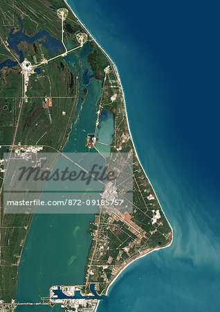 Color satellite image of Cape Canaveral, Florida, United States. Cape Canaveral Air Force Station is north of Port Canaveral at center. Image collected on January 24, 2018 by Sentinel-2 satellites. Color satellite image of Cape Canaveral, Florida, United States. Cape Canaveral Air Force Station is north of Port Canaveral at center. Image collected on January 24, 2018 by Sentinel-2 satellites.
