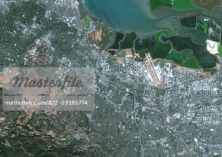 Color satellite image of Mountain View, California, United States. The city is located in the San Francisco Bay Area. Image collected on September 27, 2017 by Sentinel-2 satellites. Color satellite image of Mountain View, California, United States. The city is located in the San Francisco Bay Area. Image collected on September 27, 2017 by Sentinel-2 satellites.