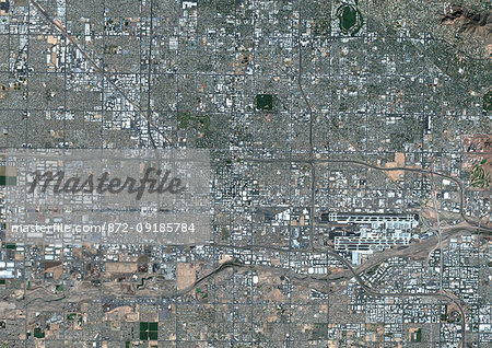 Color satellite image of Phoenix, Arizona, United States. Phoenix Sky Harbor International Airport is at center right. Image collected on March 9, 2018 by Sentinel-2 satellites.