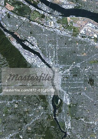 Color satellite image of Portland, Oregon, United States. The city lies at the confluence of the Willamette and Columbia Rivers. Image collected on August 31, 2017 by Sentinel-2 satellites. Color satellite image of Portland, Oregon, United States. The city lies at the confluence of the Willamette and Columbia Rivers. Image collected on August 31, 2017 by Sentinel-2 satellites.