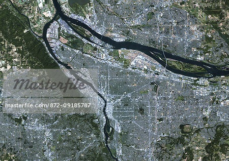 Color satellite image of Portland, Oregon, United States. The city lies at the confluence of the Willamette and Columbia Rivers. Image collected on August 31, 2017 by Sentinel-2 satellites. Color satellite image of Portland, Oregon, United States. The city lies at the confluence of the Willamette and Columbia Rivers. Image collected on August 31, 2017 by Sentinel-2 satellites.