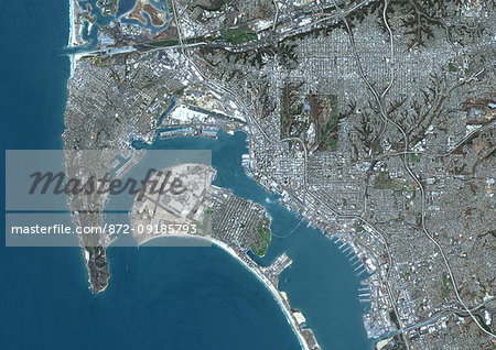 Color satellite image of San Diego, California, United States. The city lies on the coast of the Pacific Ocean in Southern California. Image collected on June 13, 2017 by Sentinel-2 satellites. Color satellite image of San Diego, California, United States. The city lies on the coast of the Pacific Ocean in Southern California. Image collected on June 13, 2017 by Sentinel-2 satellites.