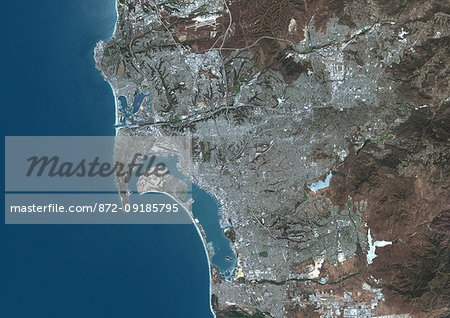 Color satellite image of San Diego, California, United States. The city lies on the coast of the Pacific Ocean in Southern California. Image collected on June 13, 2017 by Sentinel-2 satellites.