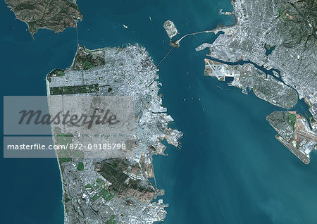 Color satellite image of San Francisco, California, United States. The Bay Bridge connects San Francisco with Oakland at east. Image collected on September 27, 2017 by Sentinel-2 satellites. Color satellite image of San Francisco, California, United States. The Bay Bridge connects San Francisco with Oakland at east. Image collected on September 27, 2017 by Sentinel-2 satellites.