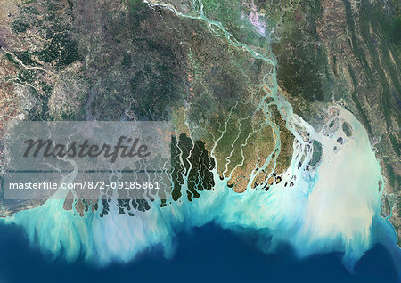 Satellite image of the Ganges River Delta, Bangladesh, India. Also known as the Brahmaputra Delta, it empties into the Bay of Bengal. Kolkata sits within the lower Ganges Delta along the Hooghly River (at west on the image). Image collected on March 16, 2017 by Sentinel-2 satellites.